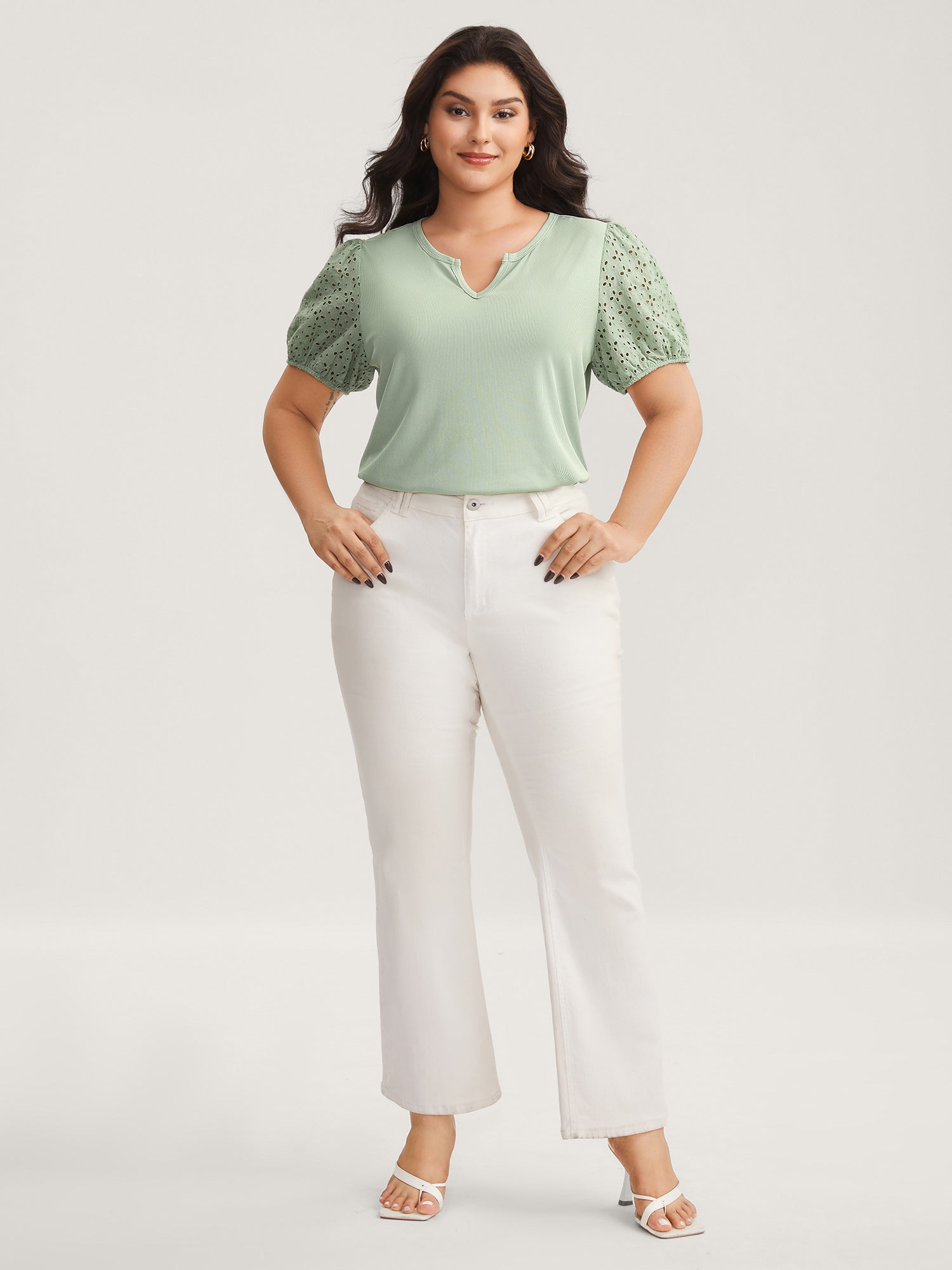 Eyelet Trim Solid Puffy Sleeve Knit Top