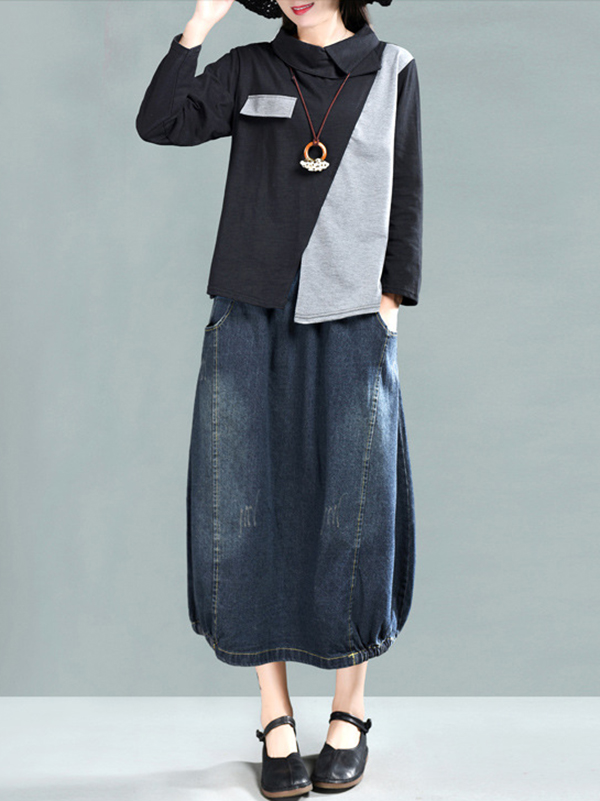 Vintage Loose A-Line Elasticity Solid Color Skirts Bottoms