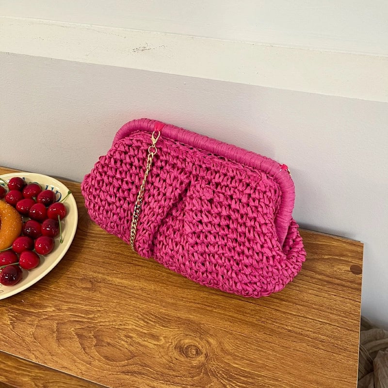 Women's Small Straw Solid Color Elegant Lock Clasp Crossbody Bag