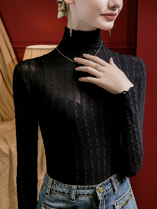 Long Sleeves Plus Size Jacquard See-Through Solid Color Split-Joint High Neck T-Shirts Tops