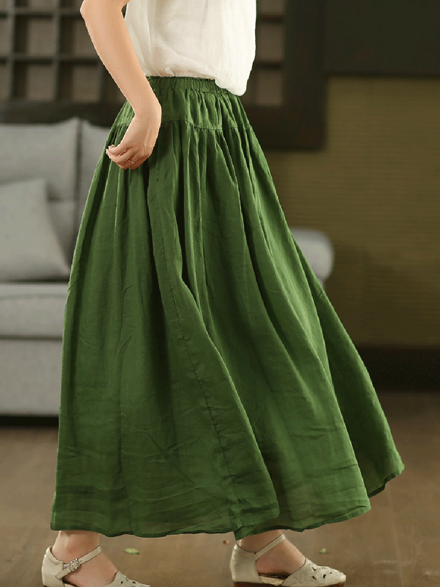 Women Summer Pure Color Spliced 100%Ramie Skirt