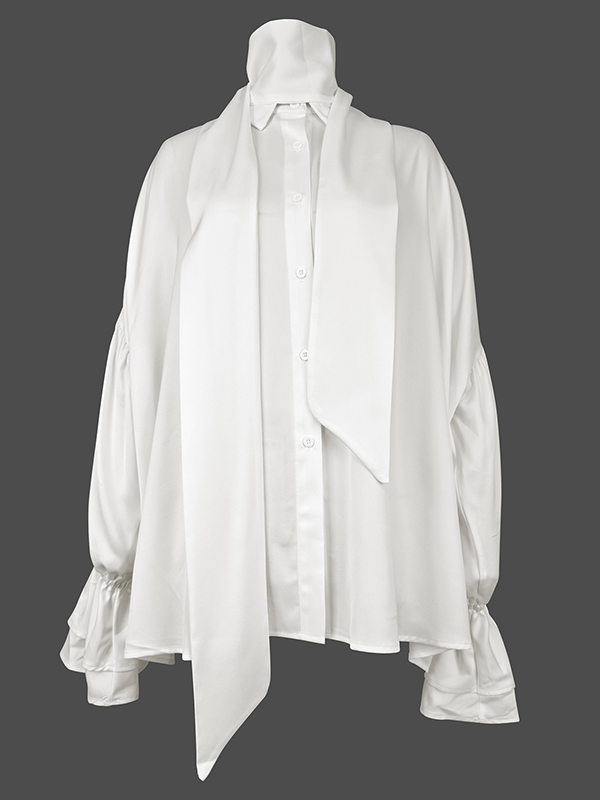 Flared Sleeves Long Sleeves Double Layered Elasticity Solid Color Tied V-Neck Blouses&Shirts Tops