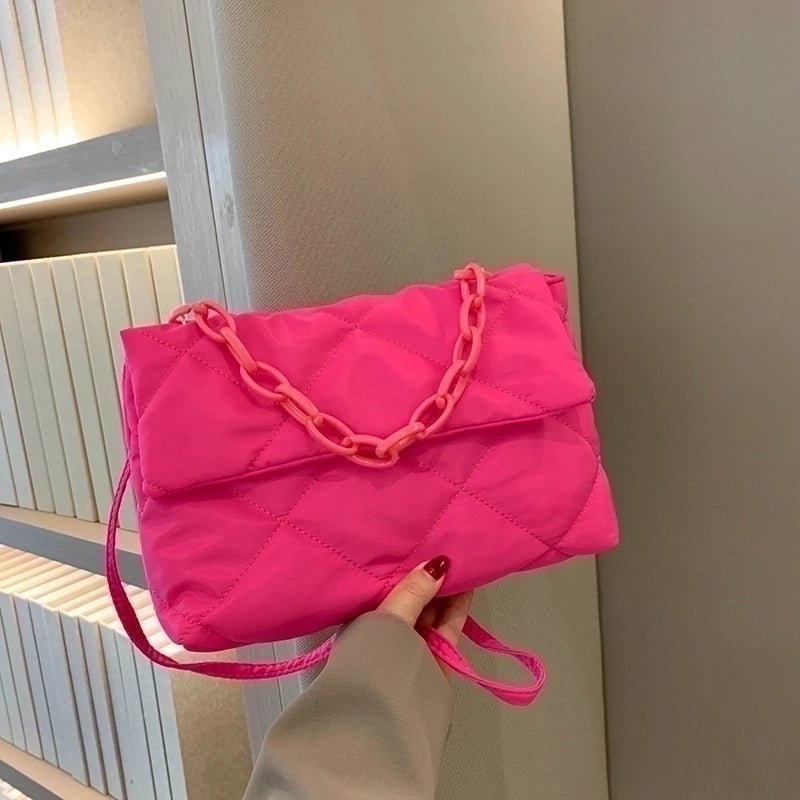 Women's Canvas Solid Color Fashion Quilted Chain Square Flip Cover Crossbody Bag