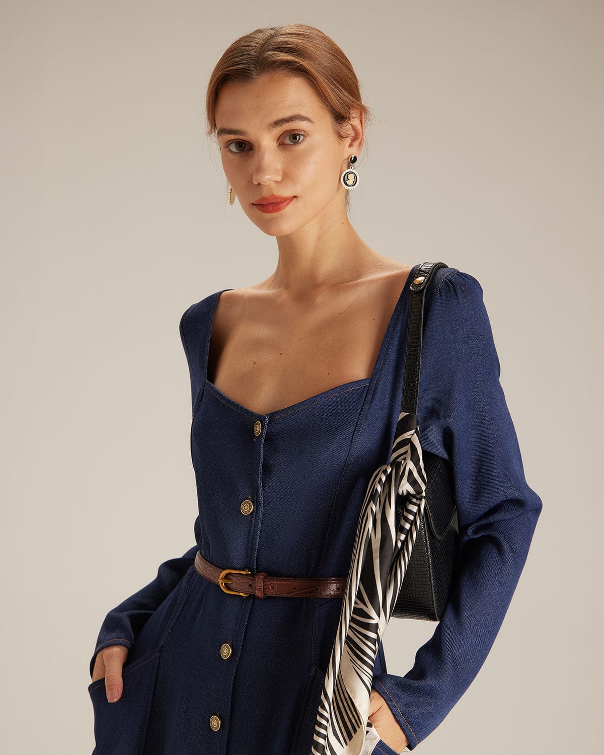 The Navy Sweetheart Neck Button Midi Dress