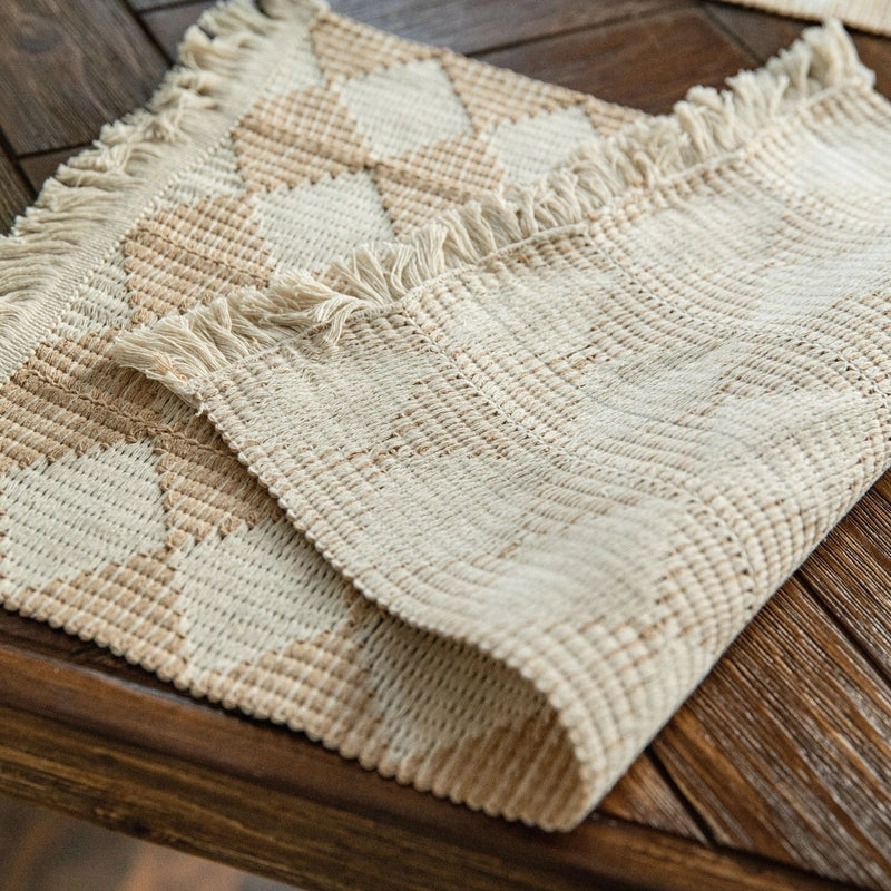Table Runner Cotton Thread Rhombus Contrast Color Stitching Woven Tassel Natural Material  Holiday