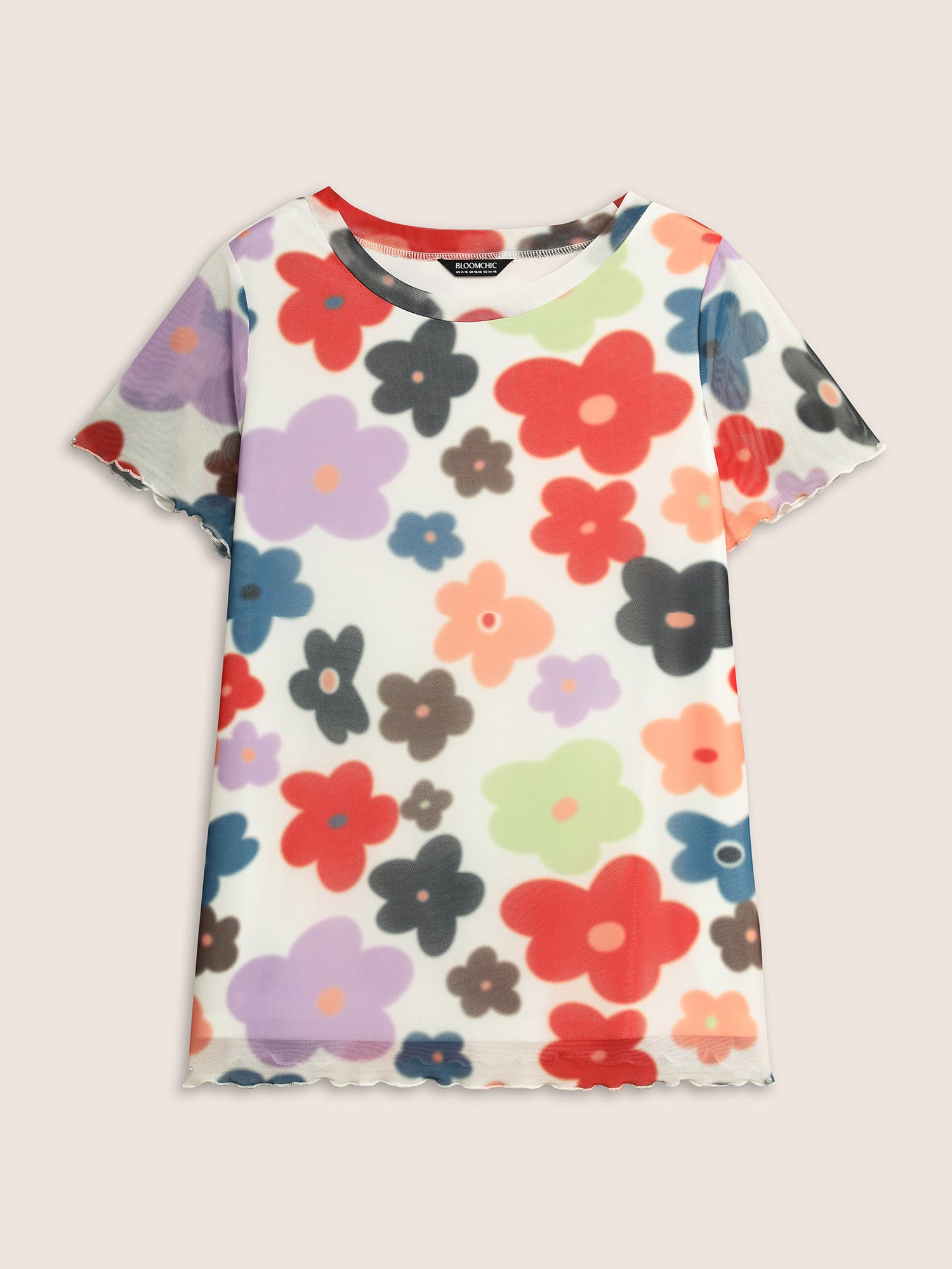 Round Neck Colored Floral Mesh T-shirt