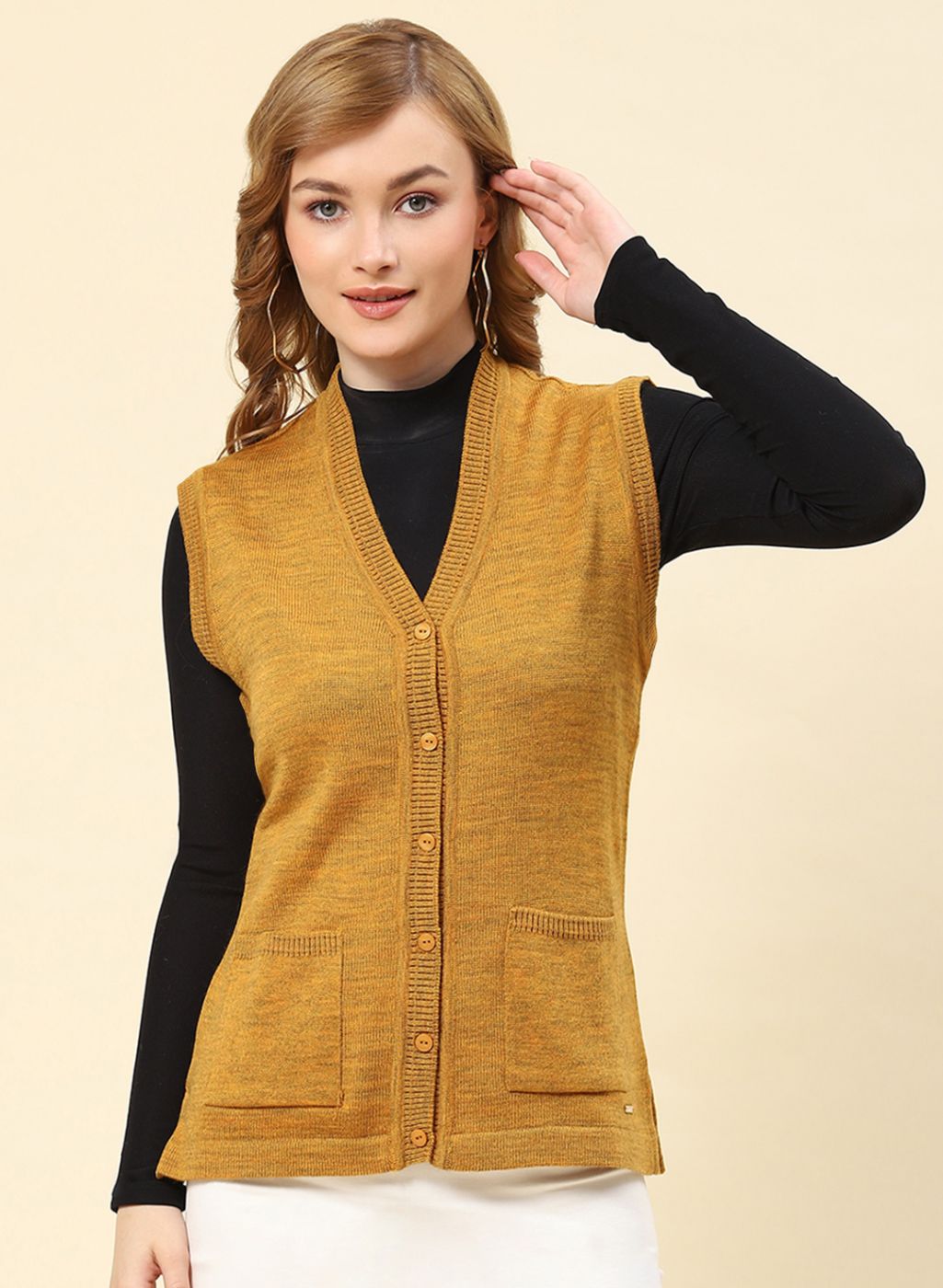 Women Mustard Solid Blend wool Cardigan