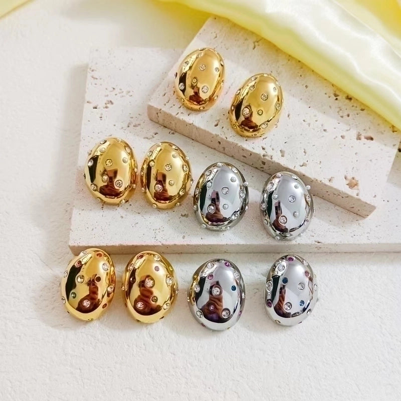 1 Pair Minimalist Classic Style Oval Inlay 304 Stainless Steel Rhinestones 18K Gold Plated Ear Studs