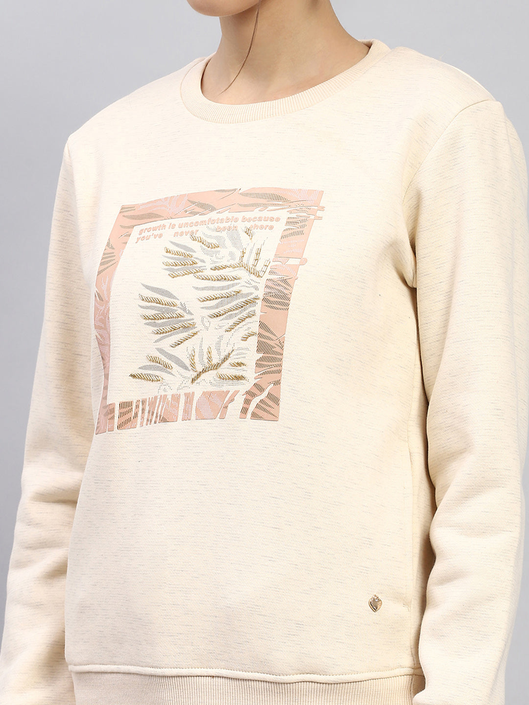 Women Beige Printed Round Neck Full Sleeve Sweatshirt