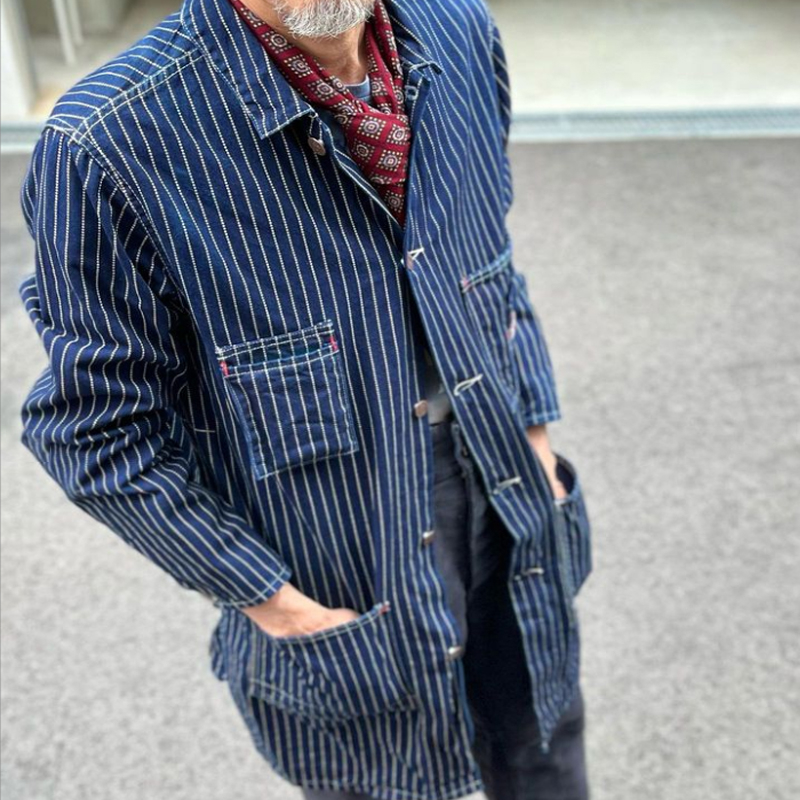 Vintage Striped Denim Mid Length Trench Jacket