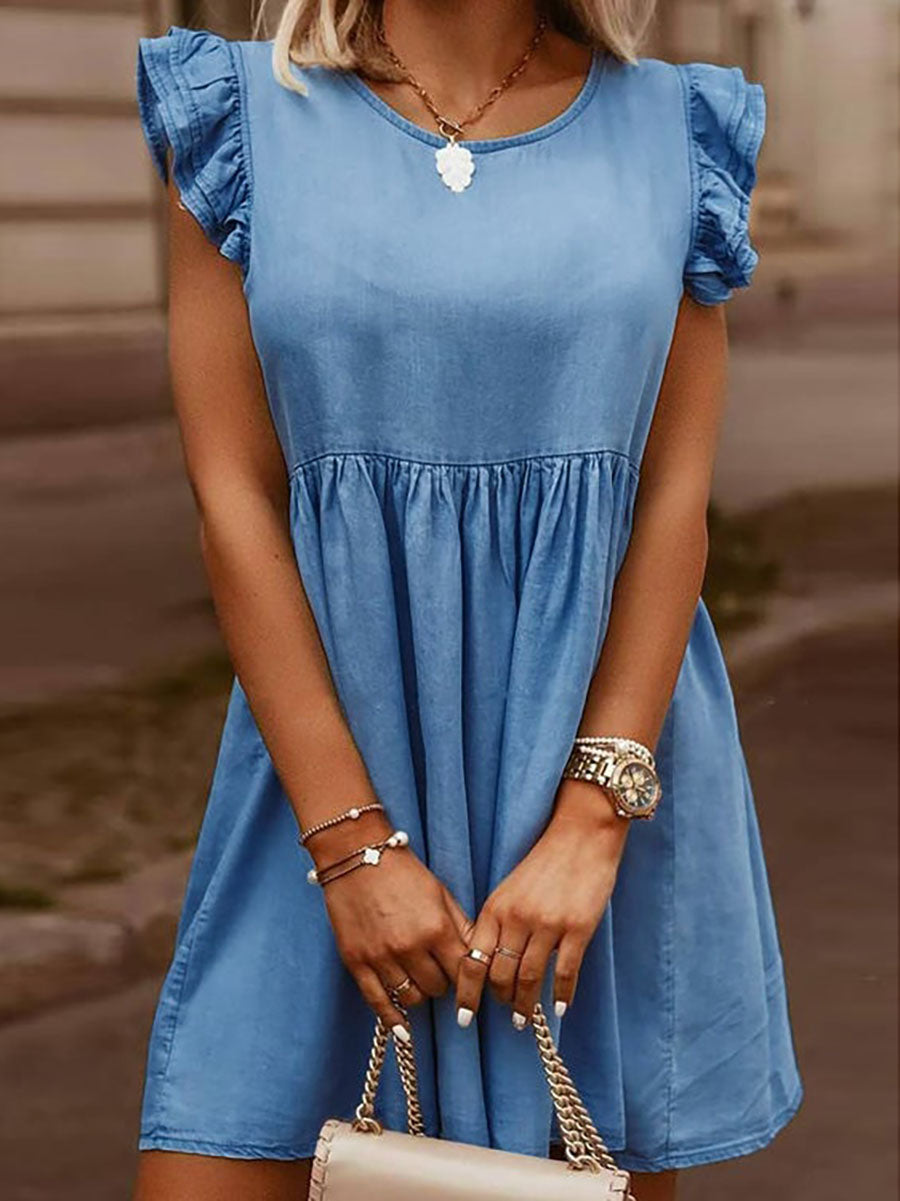 Casual Denim Ruffle O Neck Dress