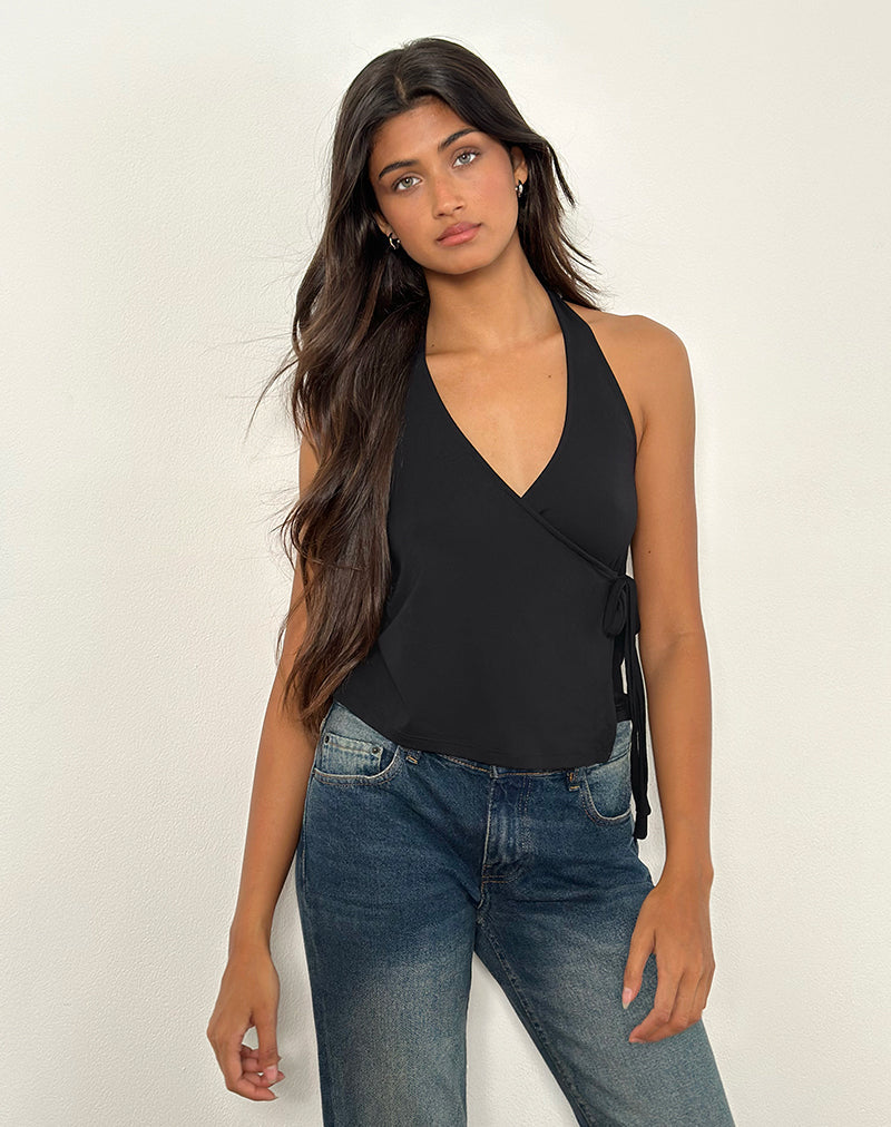 Wisty Halter Neck Wrap Top in Jersey Black