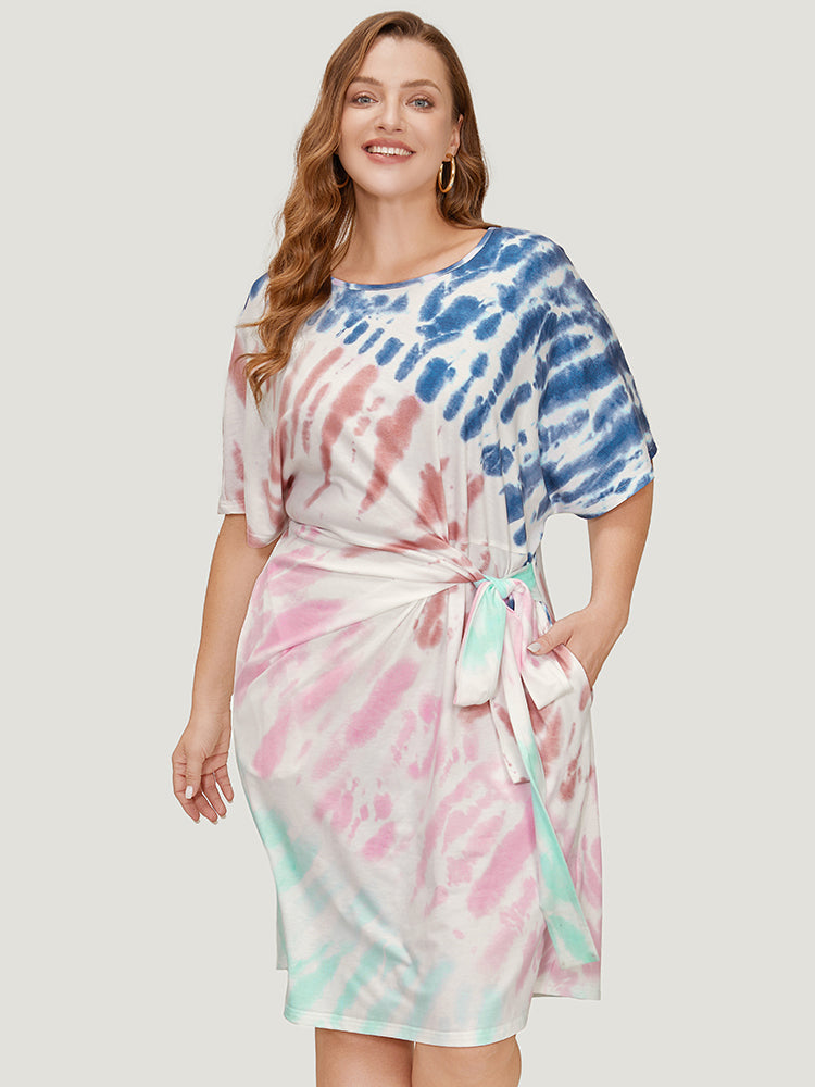 Tie Dye Dolman Sleeve Pocket Knot Side Dress