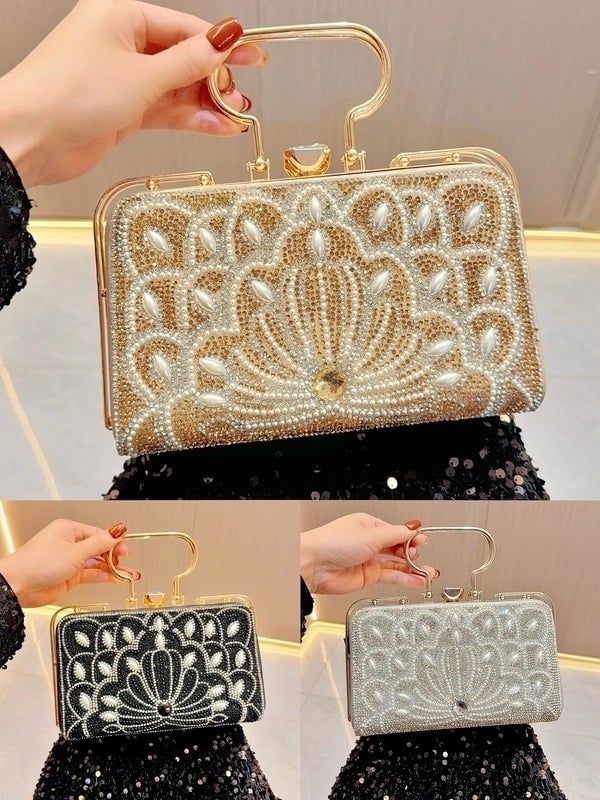 Gold Silver Black Pu Leather Solid Color Pearls Square Evening Bags