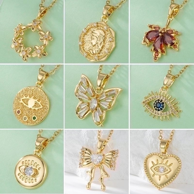 Stainless Steel Titanium Steel 18K Gold Plated Elegant Plating Inlay Maple Leaf Eye Butterfly Zircon Pendant Necklace