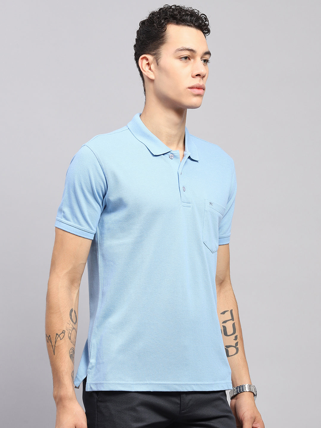 Men Sky Blue Solid Polo Collar Half Sleeve T-Shirt