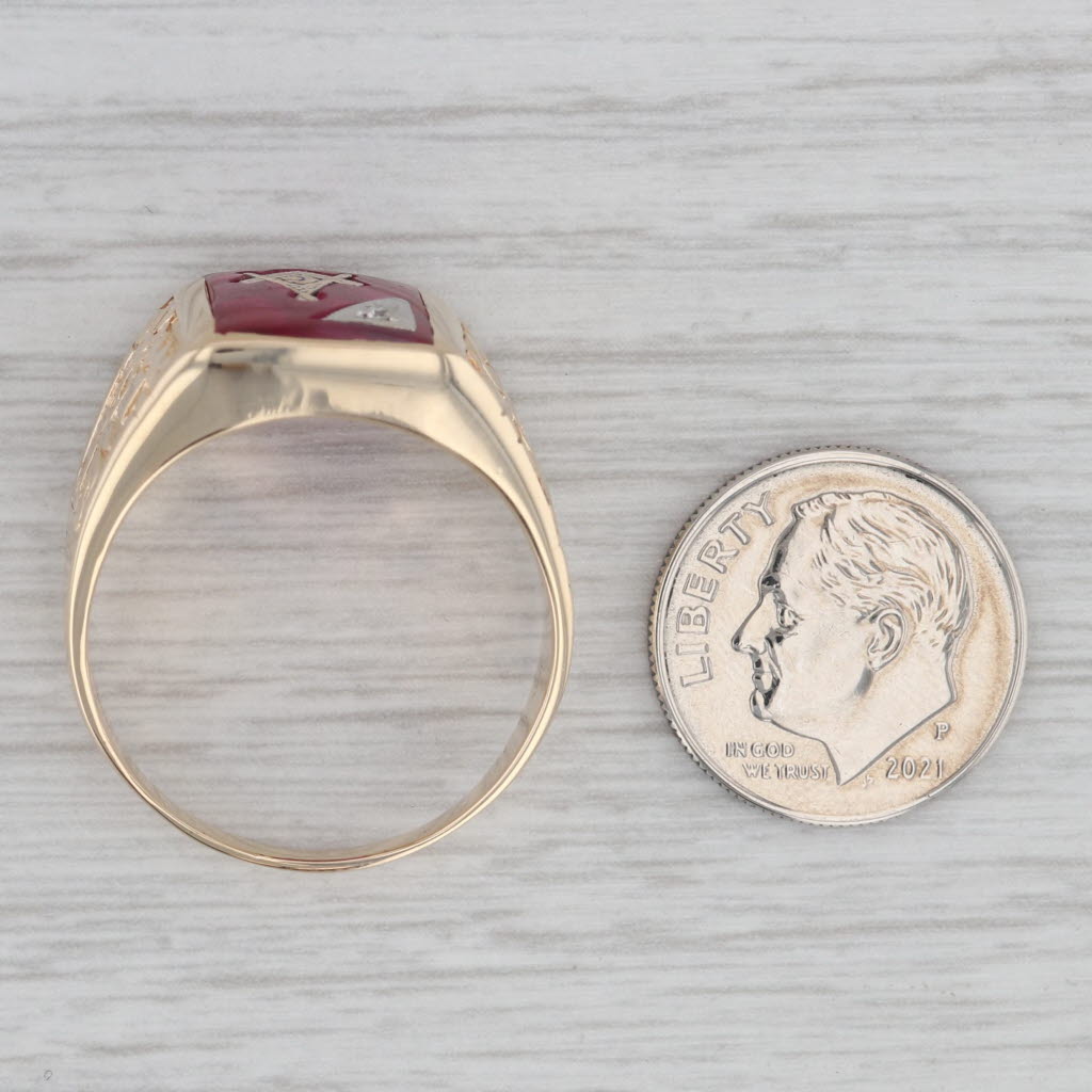 Masonic Nugget Signet Diamond Synthetic Ruby 10K Yellow Gold Ring Size 12