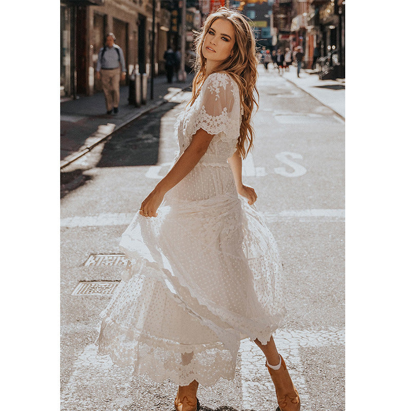 Boho Dress for Women|Bohemian Dress|Midi Boho Dress| Solid Short Sleeve Sexy Lace Bohemian Maxi DressV-neck Boho Sundress Vestidos|Wedding Guest Dress