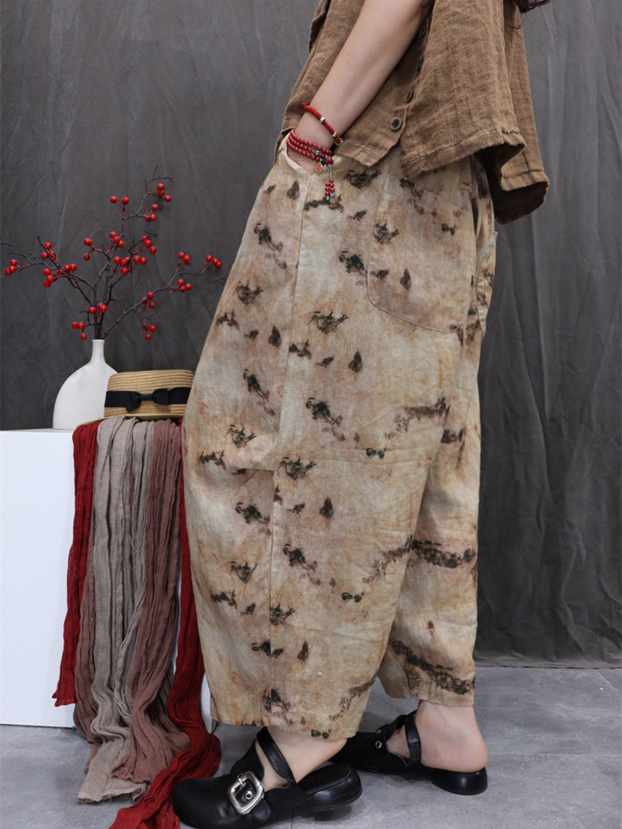 Women Artsy Summer Flower 100%Linen Harem Pants