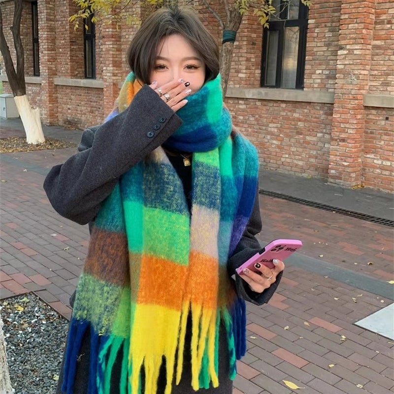 Brown Striped Scarf Women's Autumn And Winter  Trendy Winter Warm Imitation Cashmere Windproof Scarf For Students