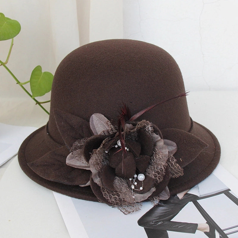 Fisherman Hat Female British Retro Feather Flower Wool Hat  Elegant Socialite Felt Hat Basin Hat