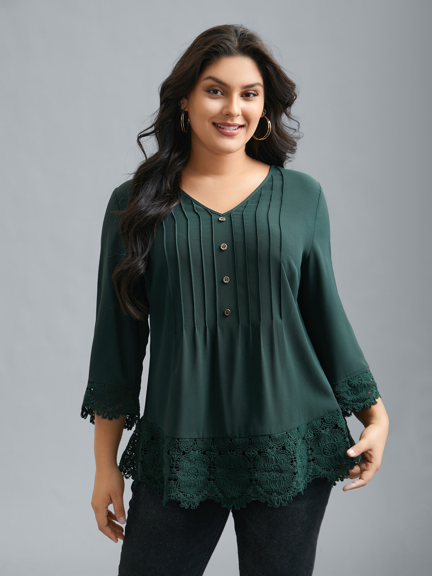 V Neck Plicated Detail Contrast Lace Blouse