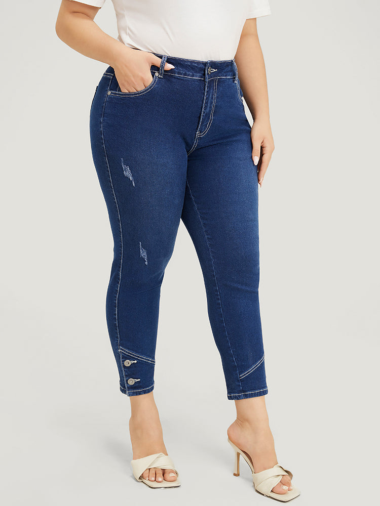 Very Stretchy High Rise Dark Wash Button Hem Jeans