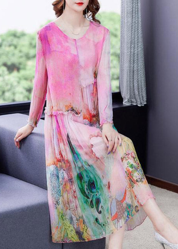 Loose O-Neck Print Wrinkled Party Silk Dress Long Sleeve