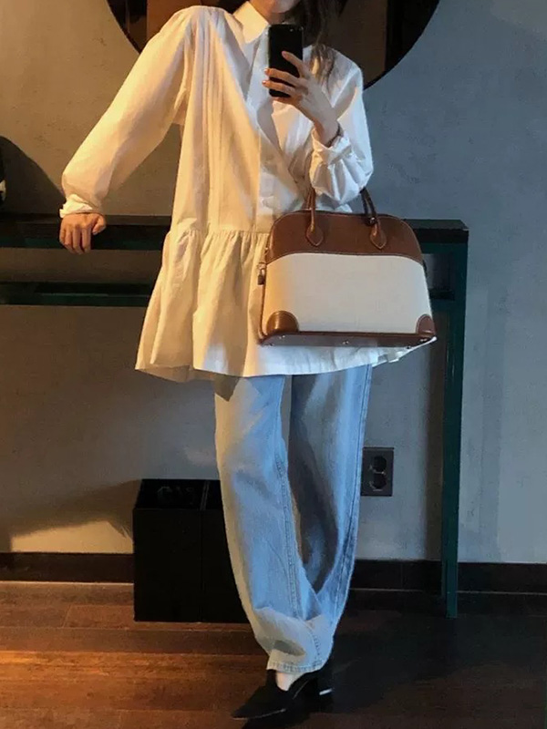 A-Line Long Sleeves Buttoned Pleated Solid Color Lapel Mini Dresses Shirt Dress