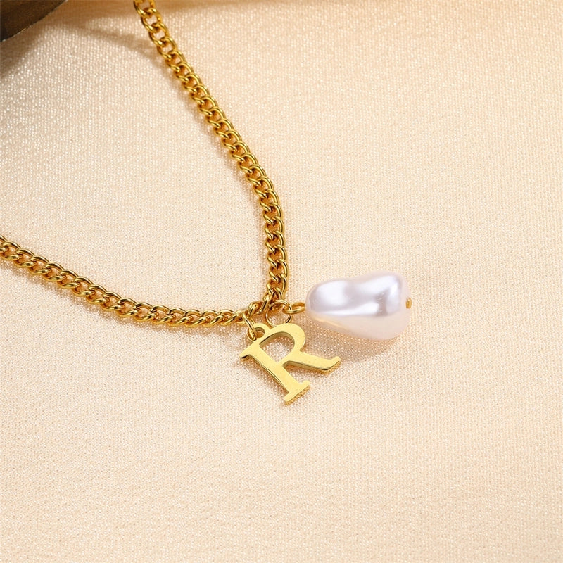 304 Stainless Steel Titanium Steel IG Style Minimalist Pearl Letter Pendant Necklace