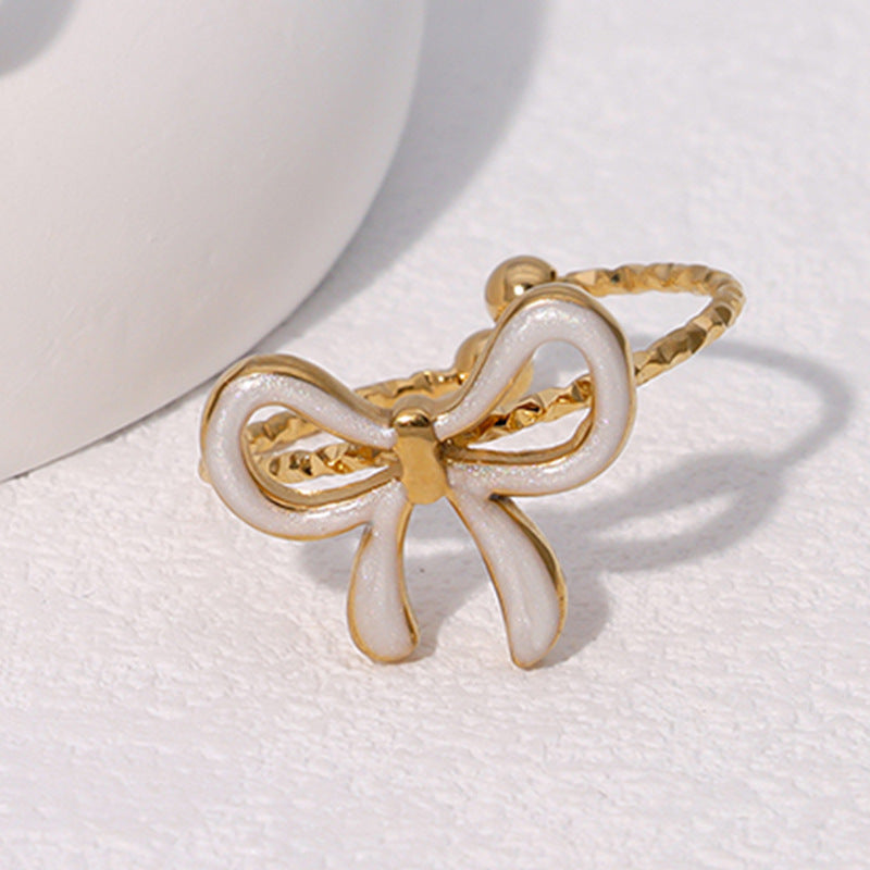 Fashionable Simple Cute Sweet Ins-Style Gold-Plated Bow-Knot Open Stainless Steel Ring Jewelry For Women