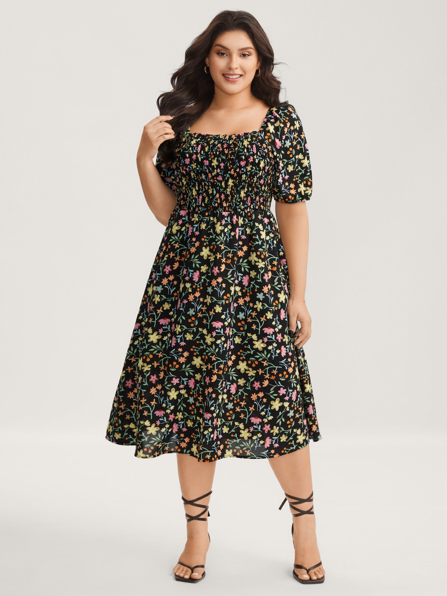 Floral Print Shirred Pockets Midi Dress