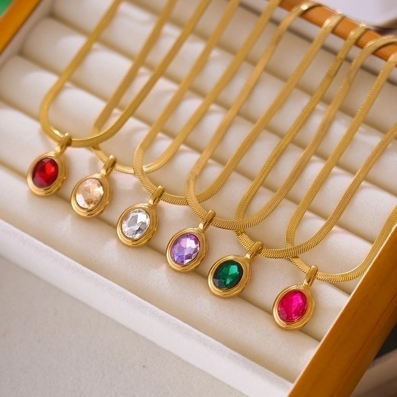 Stainless Steel 18K Gold Plated Lady Plating Inlay Oval Rhinestones Pendant Necklace