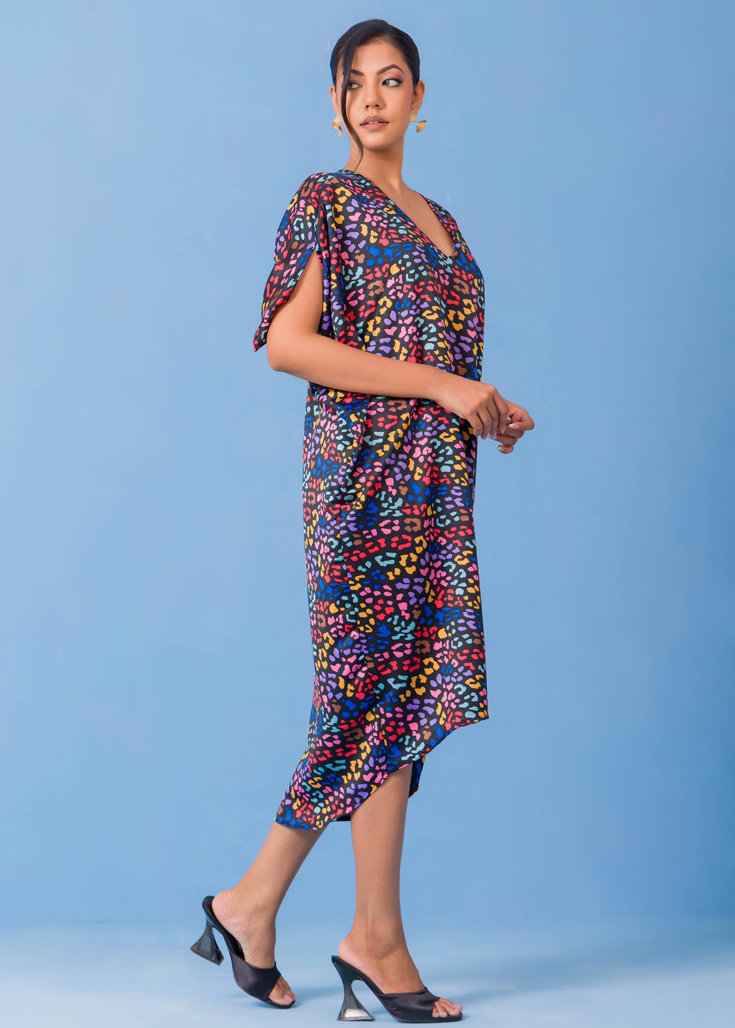 V Printed Neck Kaftan Dress