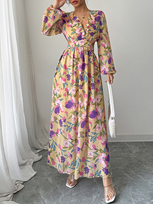 A-Line Long Sleeves Contrast Color Elasticity Flower Print Pleated Ruffle Trim V-Neck Maxi Dresses