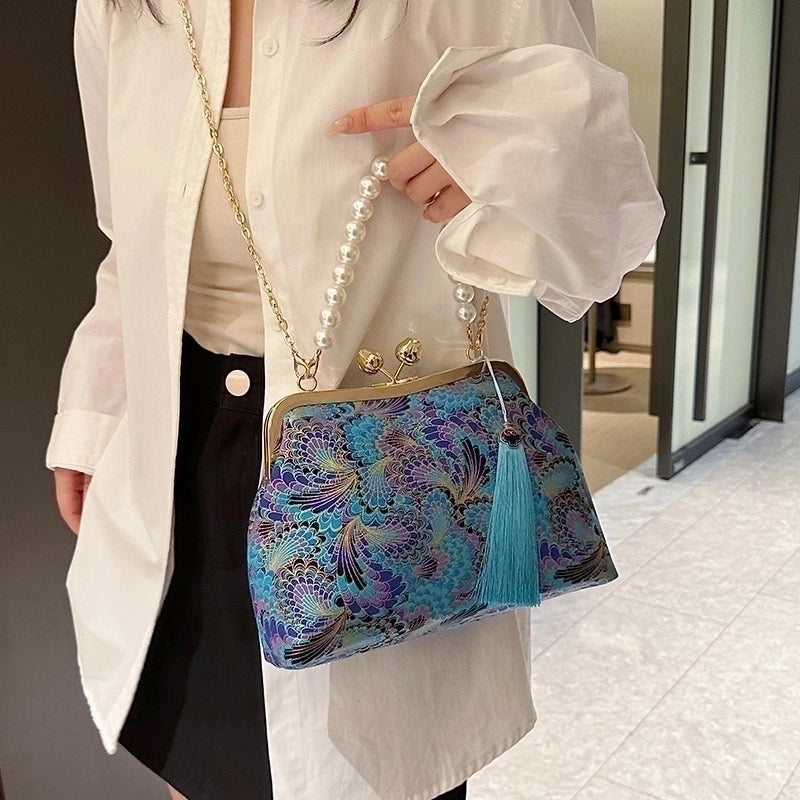 Women's Cloth Flower Elegant Pearls Sewing Thread Shell Clasp Frame Shoulder Bag