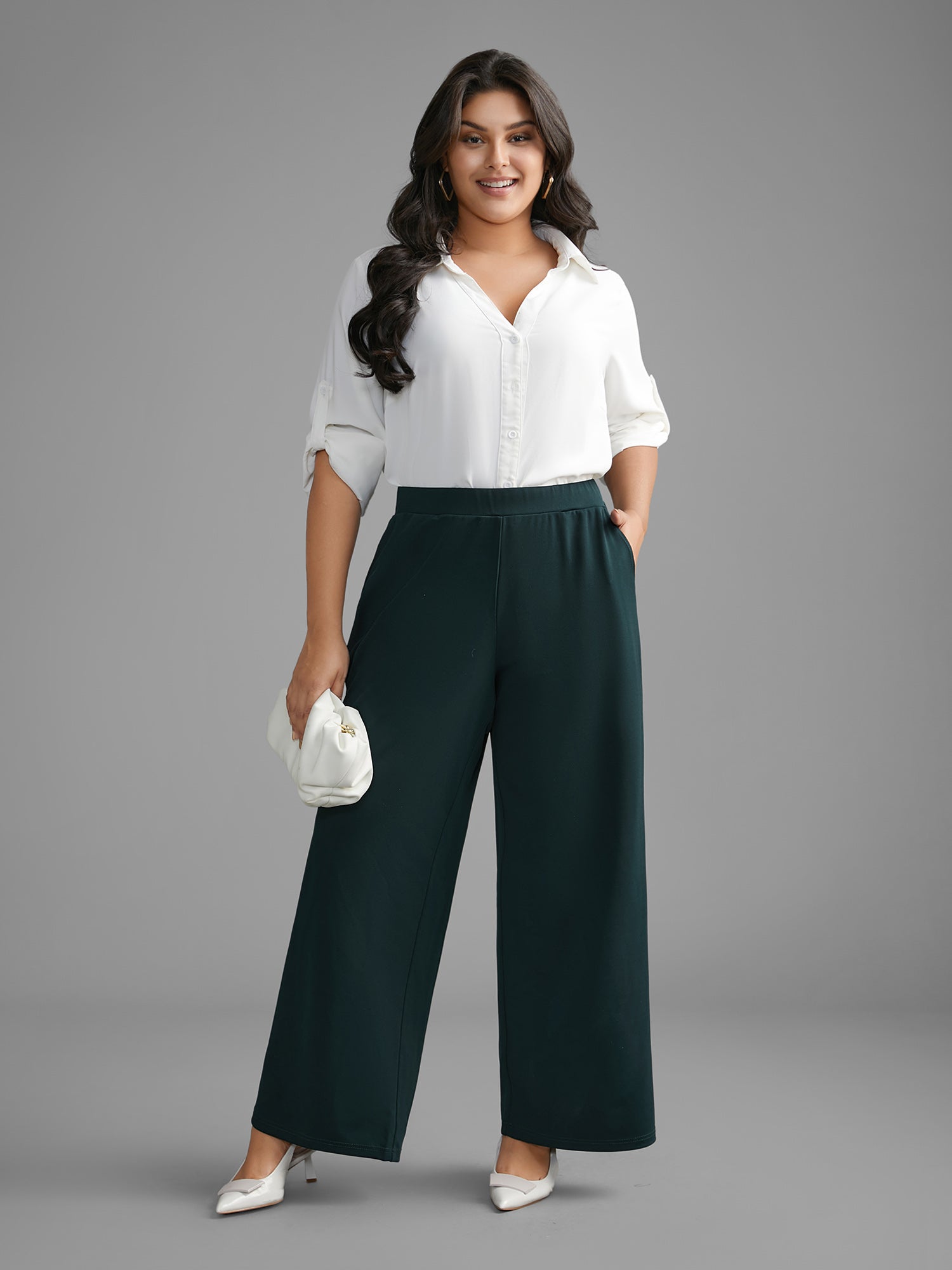 Solid Elastic Waist Wide Leg Pants