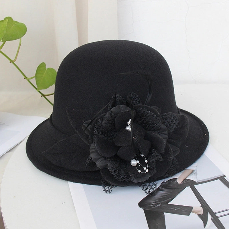 Fisherman Hat Female British Retro Feather Flower Wool Hat  Elegant Socialite Felt Hat Basin Hat