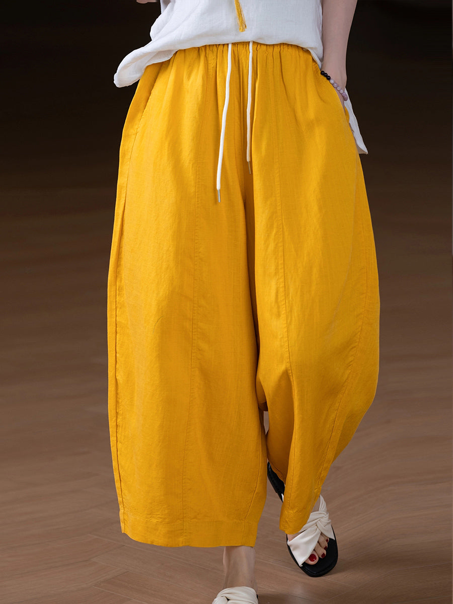 Women Summer Casual Pure Color Linen Wide-leg Pants