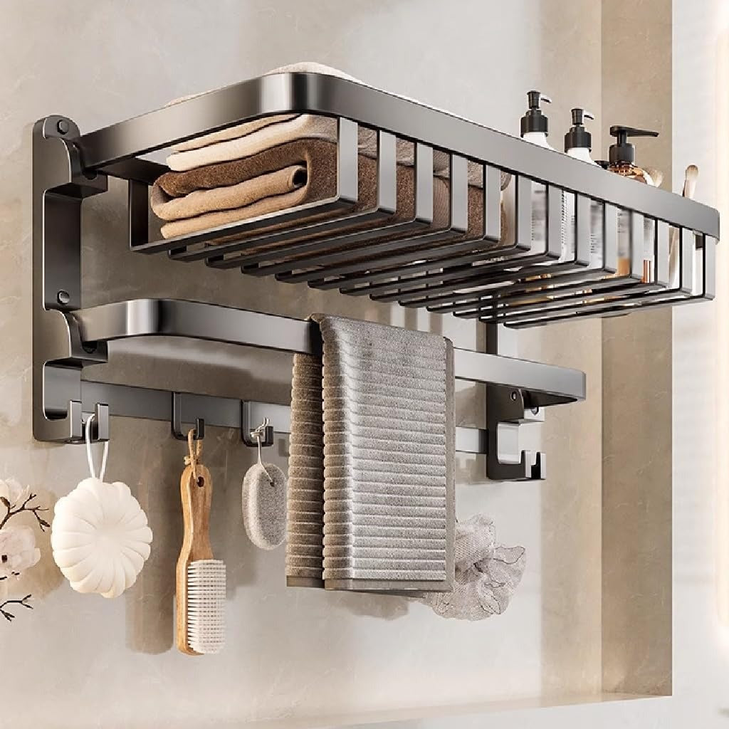 Towel Shelf Thickened Space Aluminum Bath Towel Rack. Bathroom Storage Rack. Bathroom Folding Towel Shelf Tower Holder(50CM)