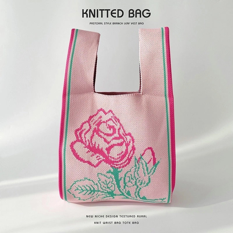 Women's Medium Knit Letter Flower Cute Vintage Style Square Open Handbag