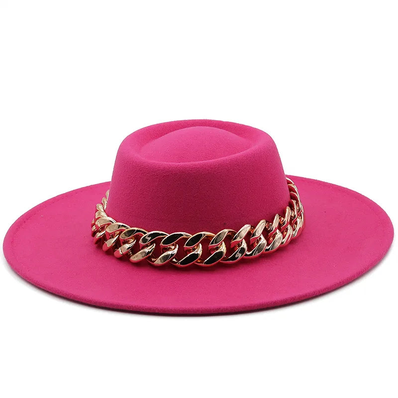 New Retro Ethnic Style 9.5 Brim Wool Woolen Felt Hat Concave Top Men's And Women's Top Hat Large Brim Thick Gold Chain Hat