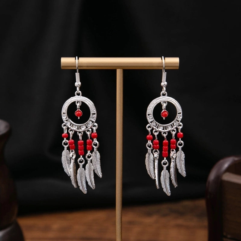 Bohemian Blue Turquoise National Style Earrings Imitation Miao Silver Metal Earrings Vintage Tassel Earrings
