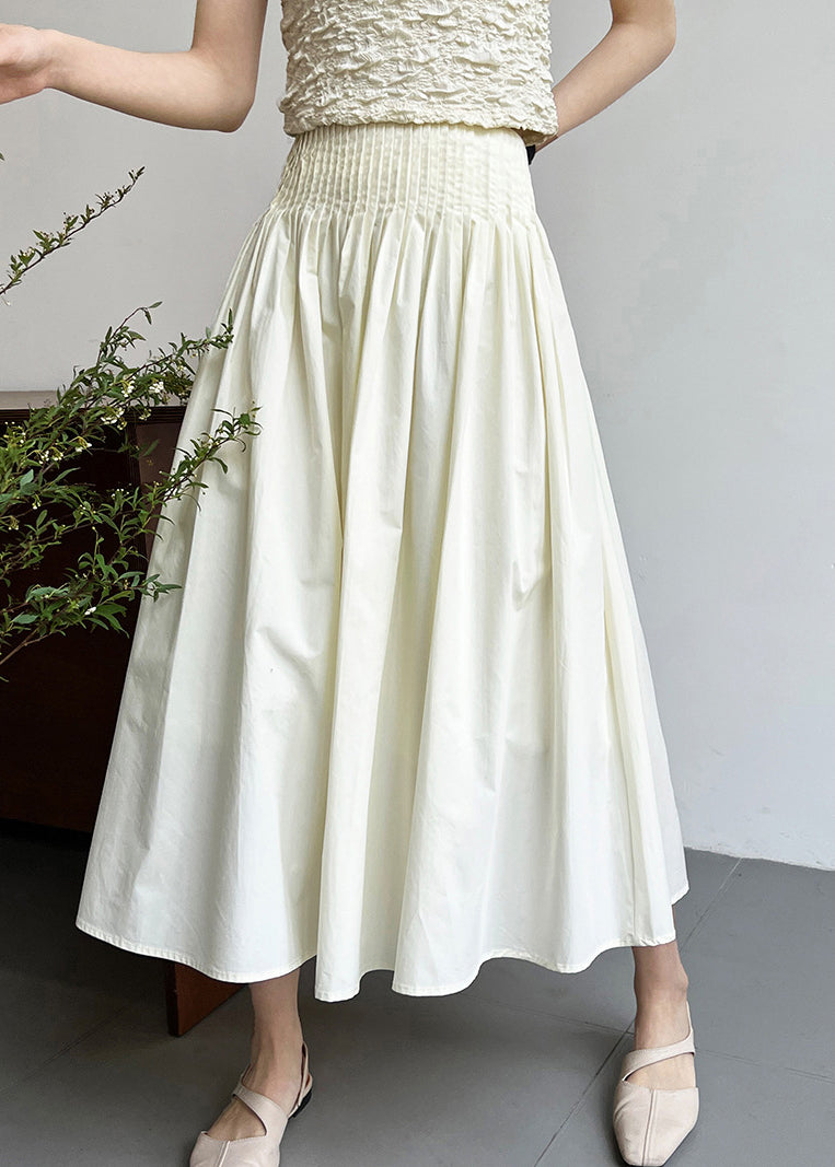 White Fine Cotton A Line Skirt High Waist Wrinkled Fall