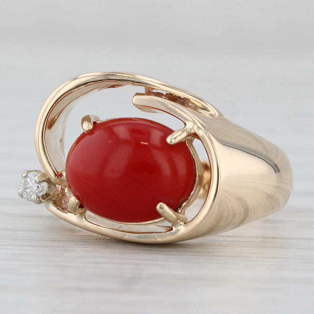 Vintage Coral Diamond Abstract Ring 14k Yellow Gold Size 5.75