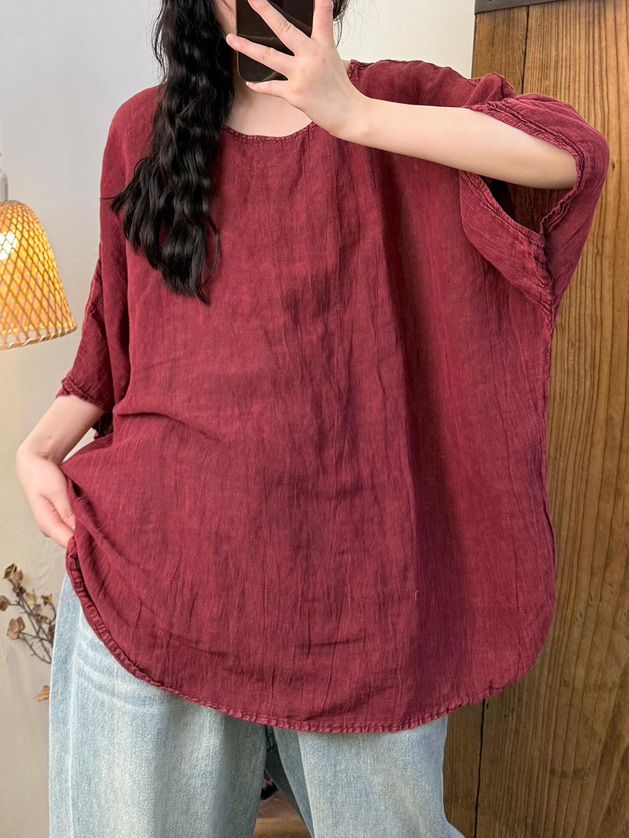 Women Summer Retro Pure Color O-Neck Linen Shirt