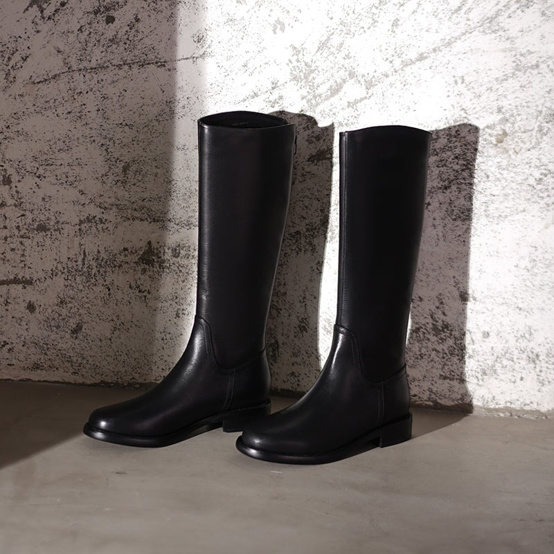 Handmade Soft?Leather Knee High Boots Back Zip Riding Boots Short Plush Lining in Black