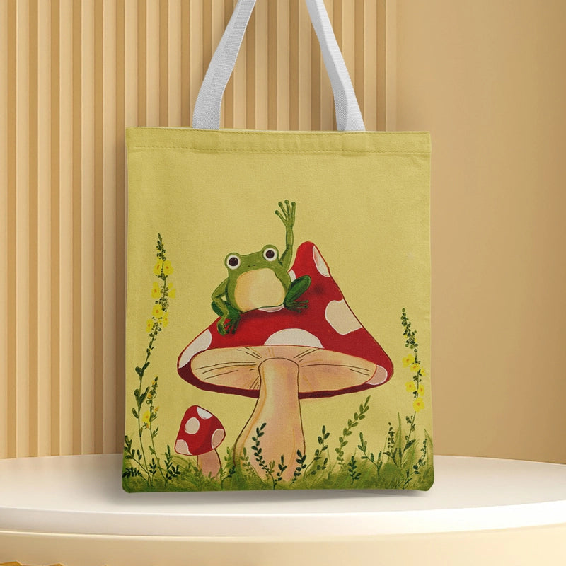 Women's Canvas Cartoon Frog Basic Classic Style Square Open Canvas Bag