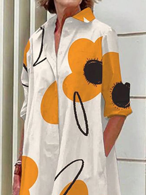 Long Sleeves Loose Flower Print Split-Joint Lapel Midi Dresses Shirt Dress