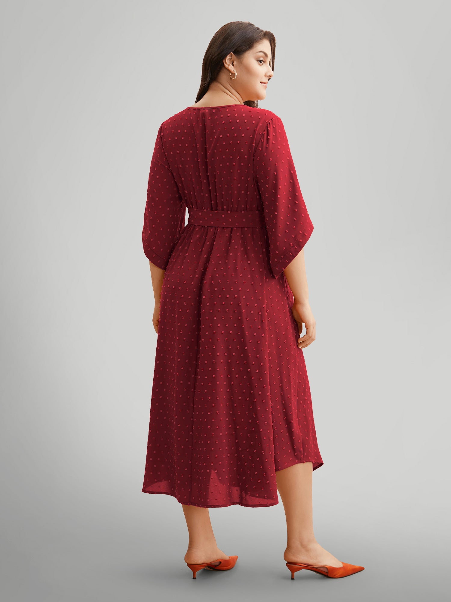 Textured Bell Sleeve Belted Arc Hem Dress